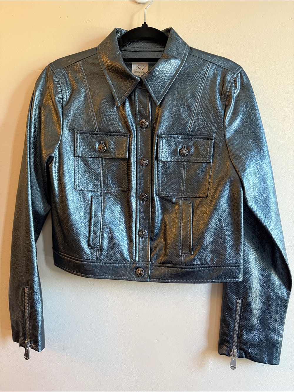 cinq a sept Black Cropped Leather Button Jacket